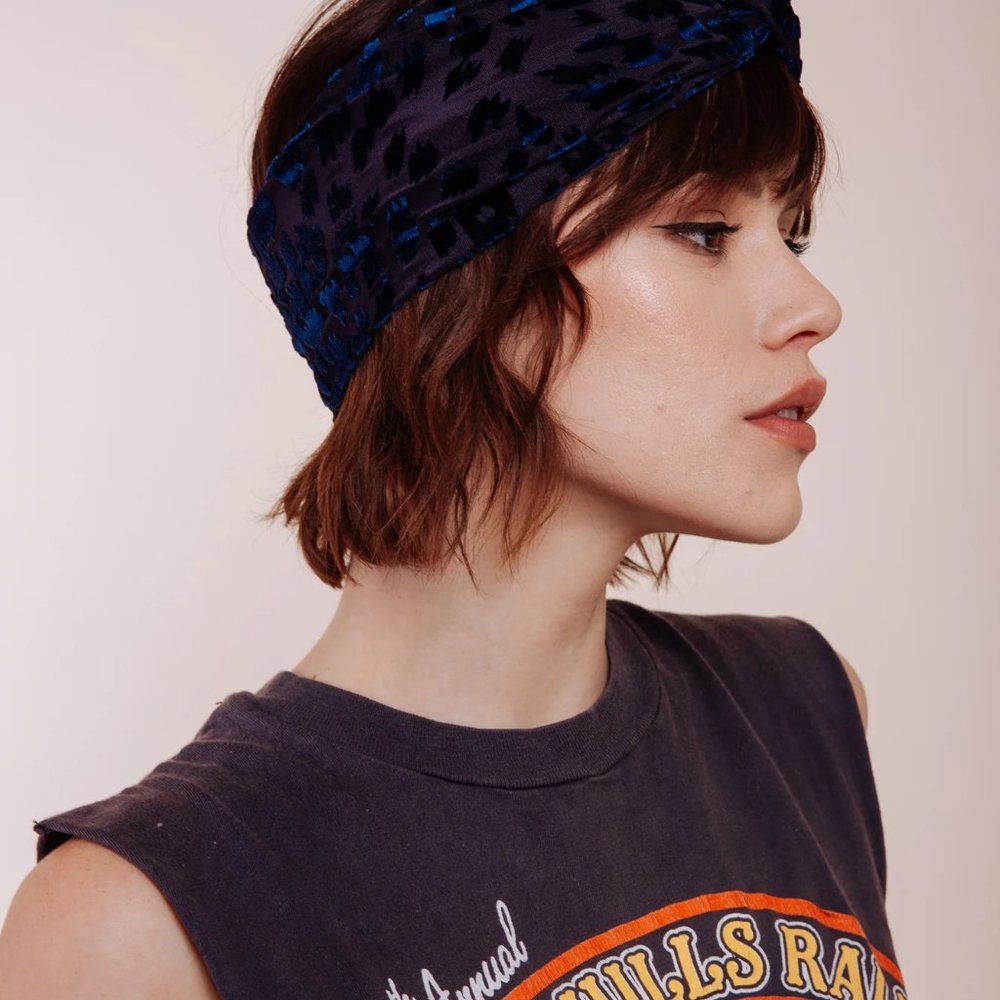 Foxey Lady Boho Stretchy Turban Headband by I'm With The Band -- Blue Velvet OS